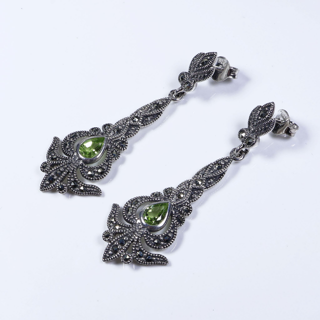 Art Nouveau Style Sterling Silver 925 Pear Cut Green Peridot Marcasite Gemstone August Birthstone Ornate Arrow Design Drop Earrings