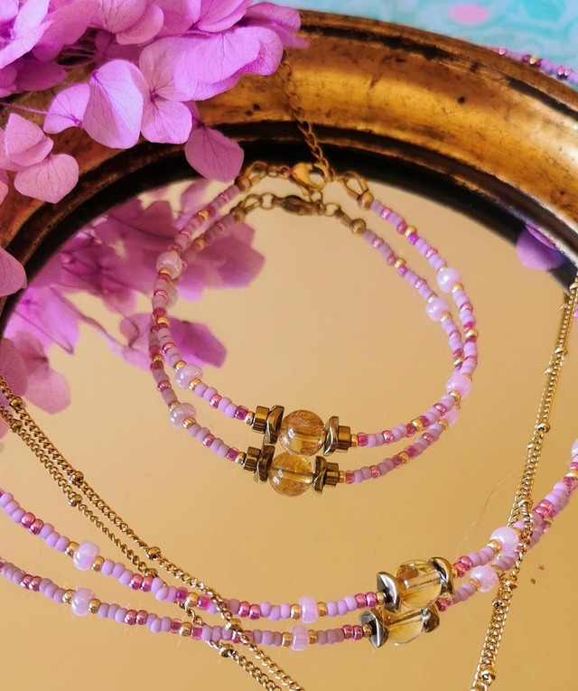 Collier et Bracelet Stéphanie Citrine &amp; Rose