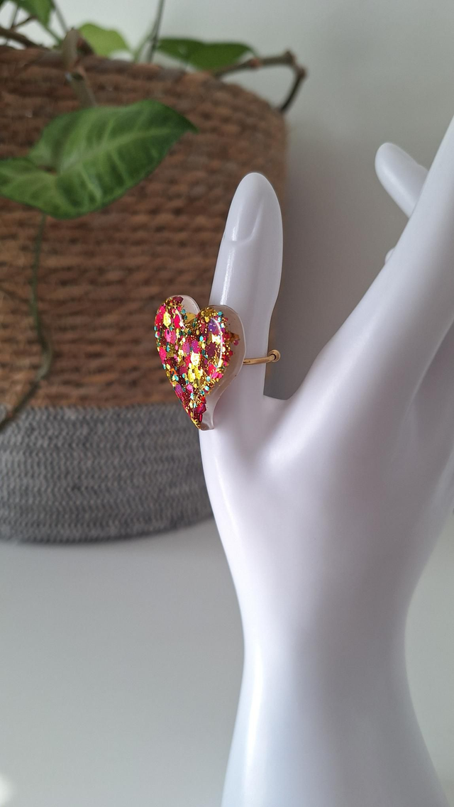 Bague cœur paillettes roses dorées turquoises 