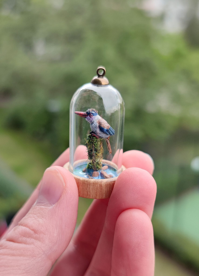 lilac kingfisher - one of a kind miniature diorama jewelry