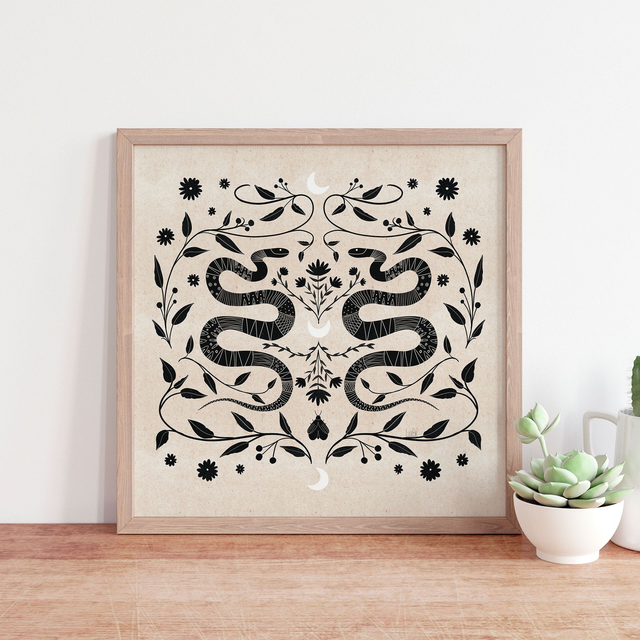 Illustration Folk Duo de serpents noirs | Affiche carré Serpents