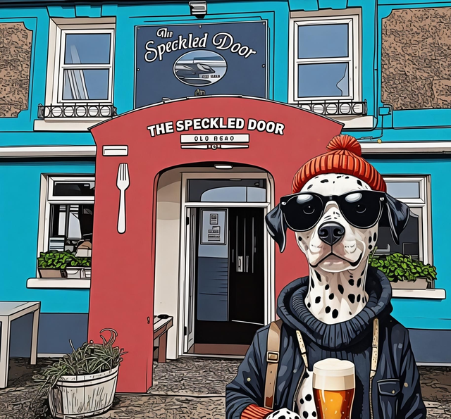 Doug the Speckled Dog at the Speckled Door