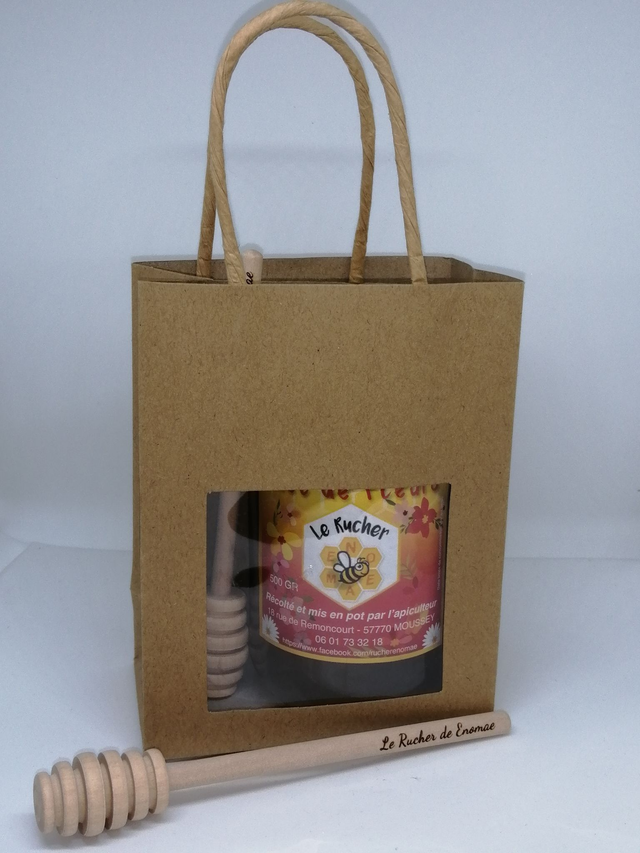 POT MIEL 500G + CUILLERE A MIEL GRAVE + SAC