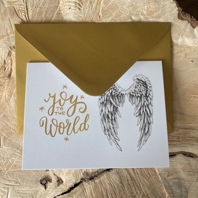 Luxe Christelijke Kerstkaart Joy to the World Engel | dubbele ansichtkaart met goudkleurige envelop