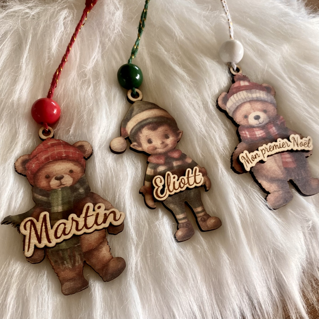 Suspension de Noël personnalisée – Motif ourson ou lutin + prénom ou "Mon Premier Noël 