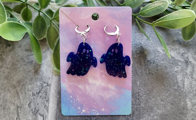 Earrings | Navy Blue Glitter Ghost | Stainless Steel Leverback Hoops