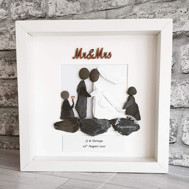 Mr &amp; Mrs personalised wedding pebble picture with bridesmaid