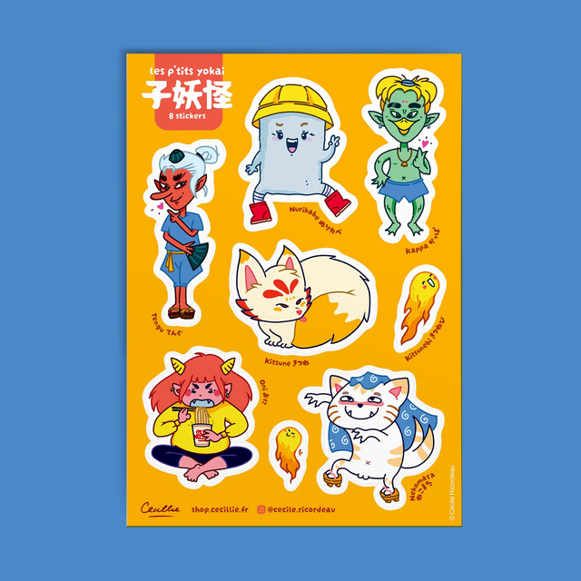 Planche de 8 stickers &quot;les p&#039;tits Yōkai&quot;
