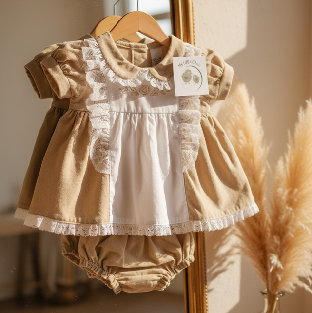 Baby’s Taupe Linen Dress With Lace 