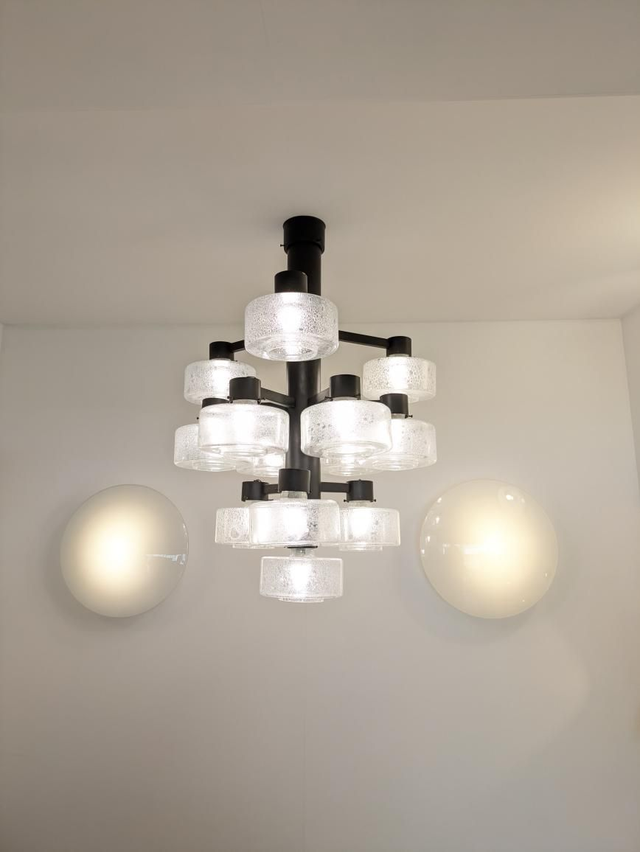 Modern glass Chandelier, 13 lights, attributed to Raak Amsterdam, 1960's