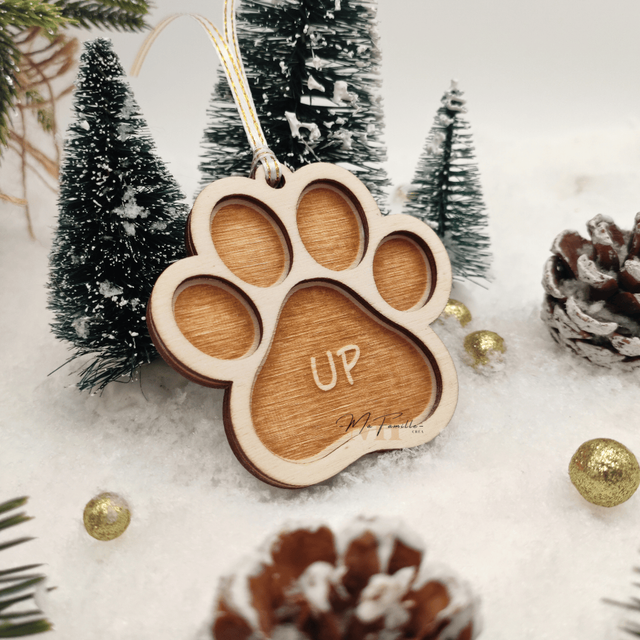 Décoration sapin - Empreinte chien &amp; chat bois avec prénom
