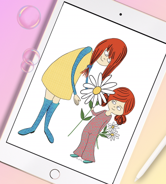 Illustration personnalisée - 2 personnages + 1 objet/élément de décors ou de nature