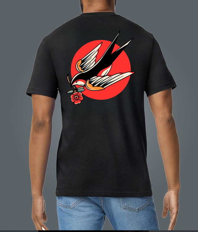 Traditional Tattoo Style Swallow Black Soft Spun Patterned T-Shirt (1)