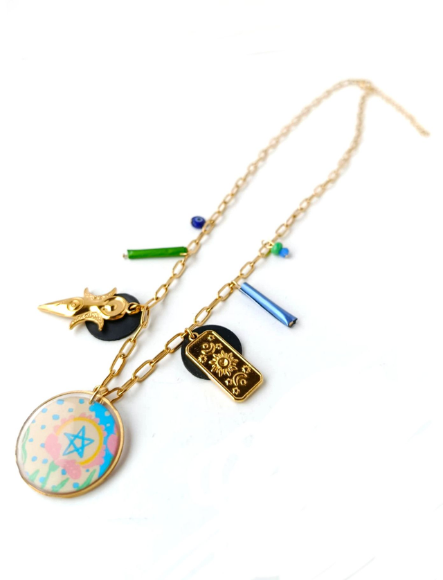 Collier à Breloques Upcyclé Carte de Tarot, Chambre à Air & Aluminium Recyclés - Pentagramme