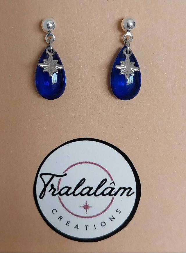 ✨ Boucles d’oreilles minimaliste Goutte Bleu Roi étoile argentée ✨  