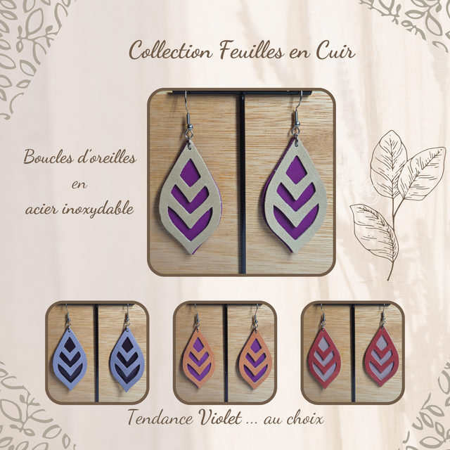Boucles d&#039;oreilles en cuir  - Feuilles, tendance Violet ...