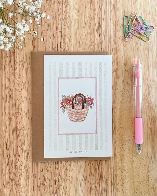 Carte Postale Panier Fleuri - Illustration aquarelle