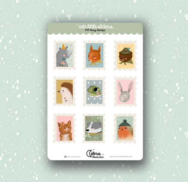 Planche de stickers timbres animaux "Furry Stamps"