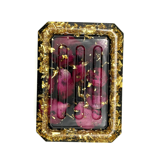 Porte savon Tendresse avec pétales de roses et feuille d’or