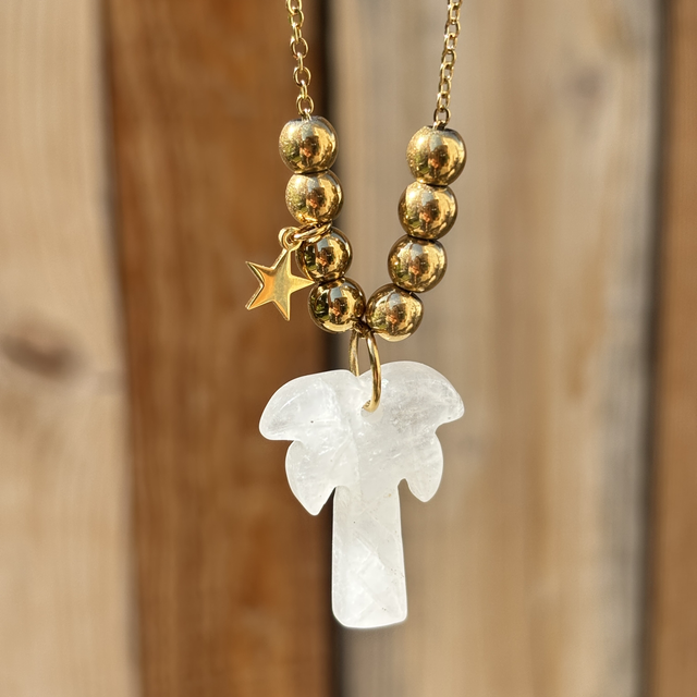 Sautoir Palmier en pierre naturelle Quartz blanc