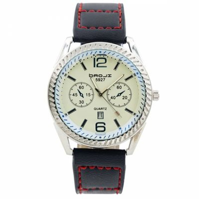 montre homme fond blanc créme, date,  avec trois cadran factice et son bracelet cuir  de couleur noir