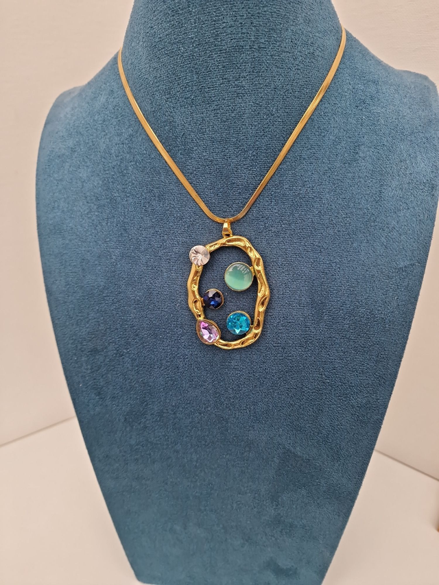 Parure Bijoux Trois Pièces Acier Doré Pierres De Lune Strass