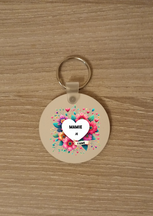 Porte clé mamie je t&#039;aime motif cœur floral