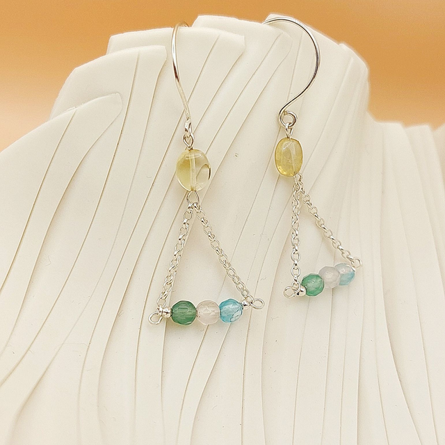 Sterling silver triangle drop earrings with citrine and agate beads