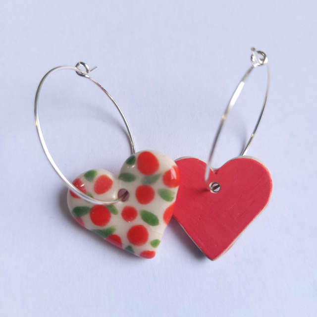 Silver Heart Hoops - Floral