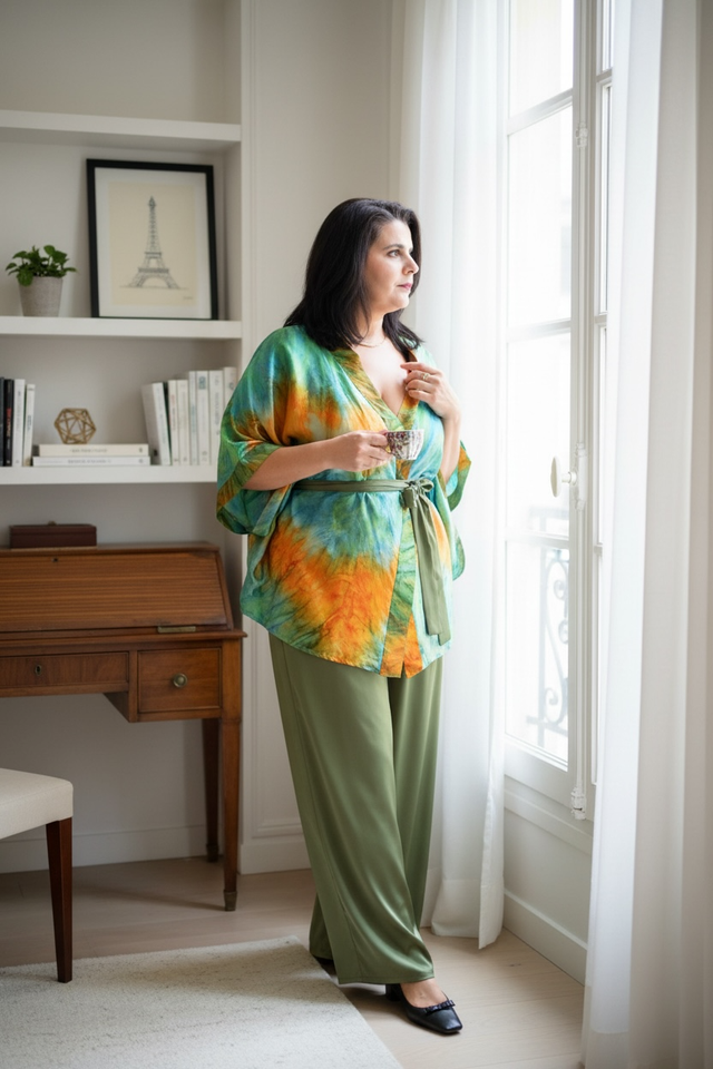 Kimono Cousu Soie en soie multicolore vibrante – Taille unique 44-56