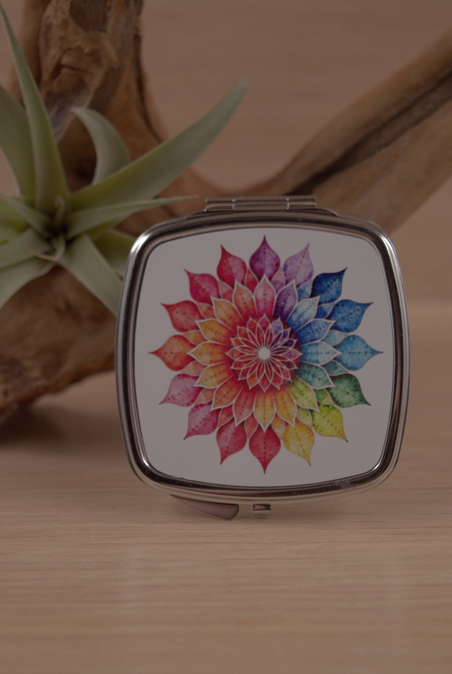 Rainbow Mandala Compact Mirror – Vibrant &amp; Stylish Handbag Essential 