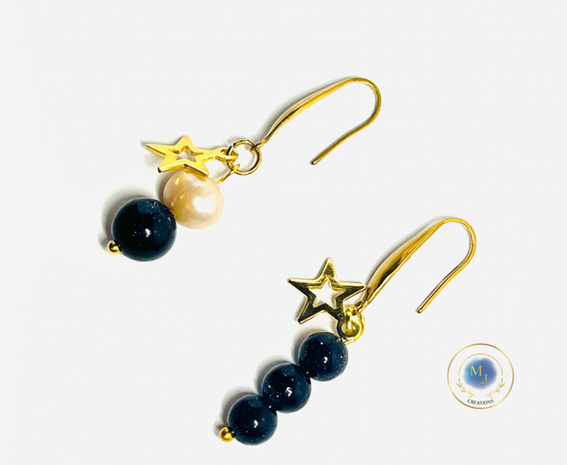 Handgemaakte Oorbellen met Blauwe Goudzandsteen, Zoetwaterparel & Ster 