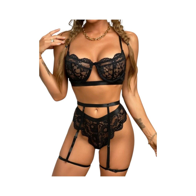 Conjunto de Encaje Negro Alessandra Talla Única