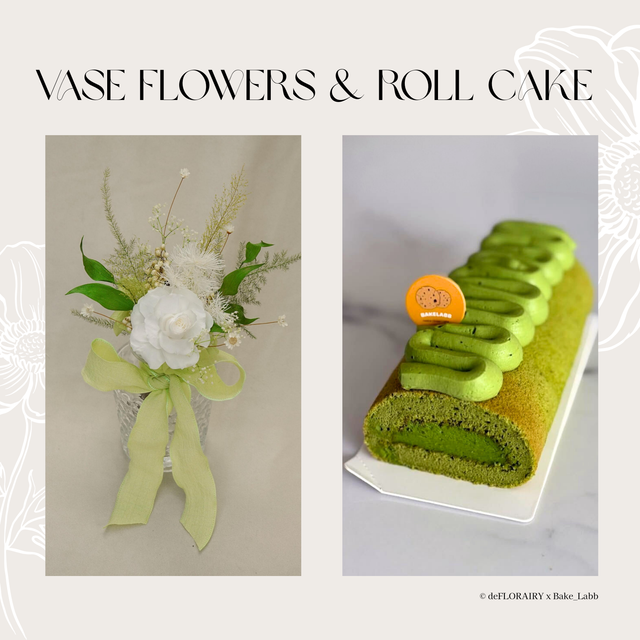 Rose: Pearl Gleam Flower in Vase &amp; Roll Cake | Direct Home Delivery | 4 Days in Advance