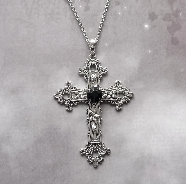 Flower Patterned Gothic Cross Necklace with Black Stone 