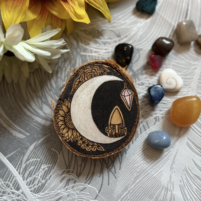 Moon, mushrooms and flowers on a silver birch slice 