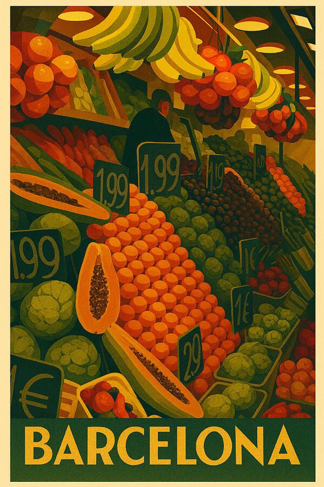 Póster de viaje vintage del Mercado de la Boquería de Barcelona