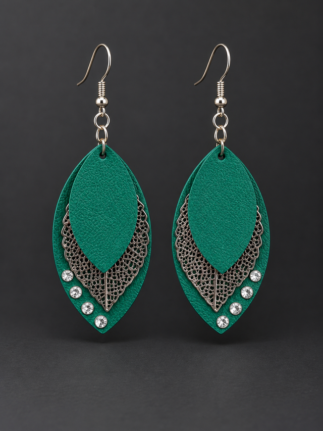 Émeraude Filigranée – Boucles d’oreilles en cuir véritable