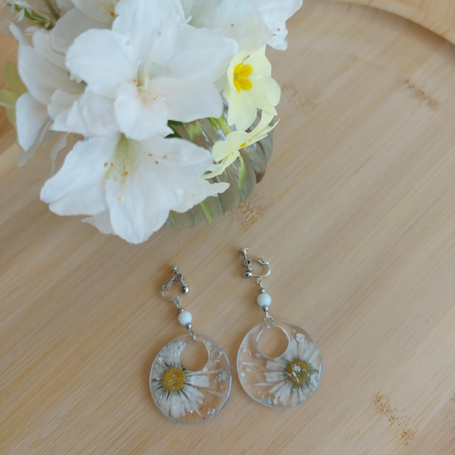 Boucles d'oreilles clips "Daisilya" Pâquerettes séchées  Acier inoxydable Argent 