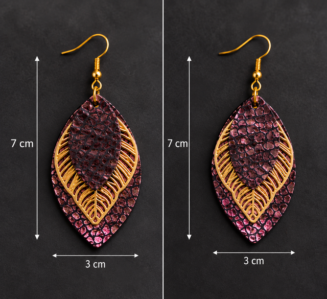 Éclat de Prune – Boucles d’oreilles en cuir scintillant et feuilles dorées