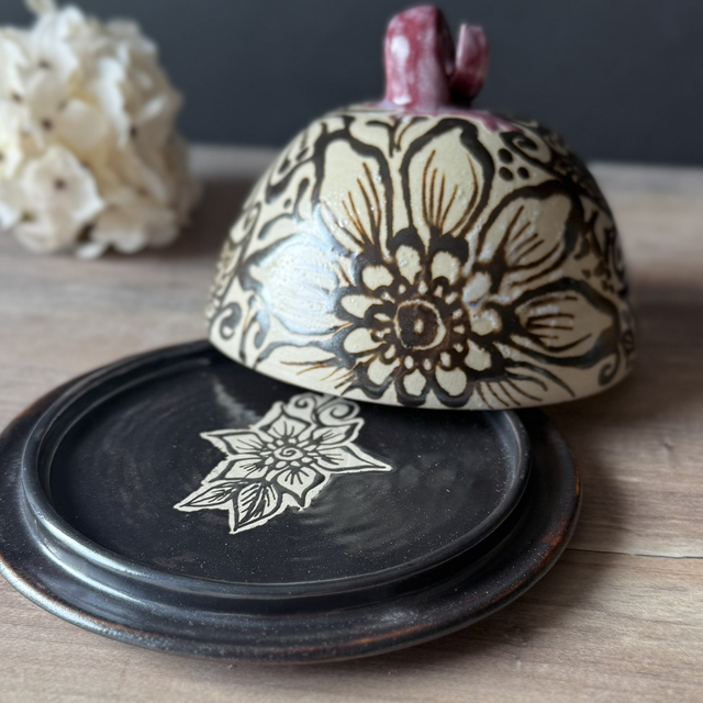 Butter Dish Cheese Cover with hand-painted henna patterns