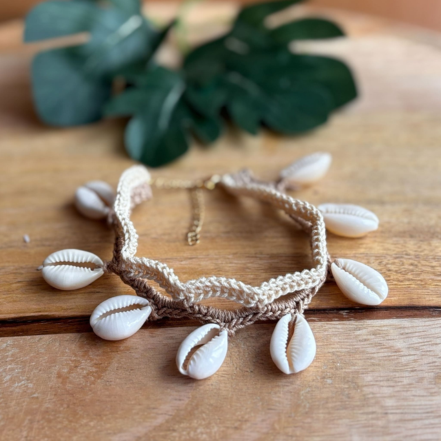 Bracelet de cheville crocheté - Tons naturels & coquillages 