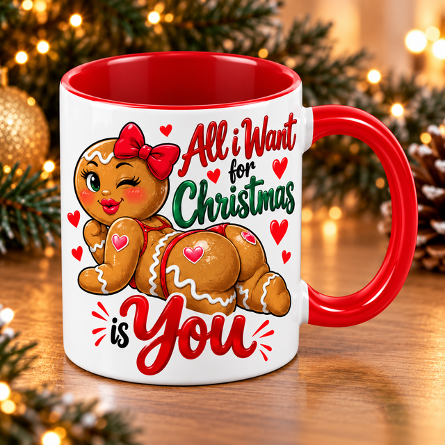 Gingerbread Christmas Mug – Red Handle 11oz Ceramic Mug – All I Want for Christmas Is You