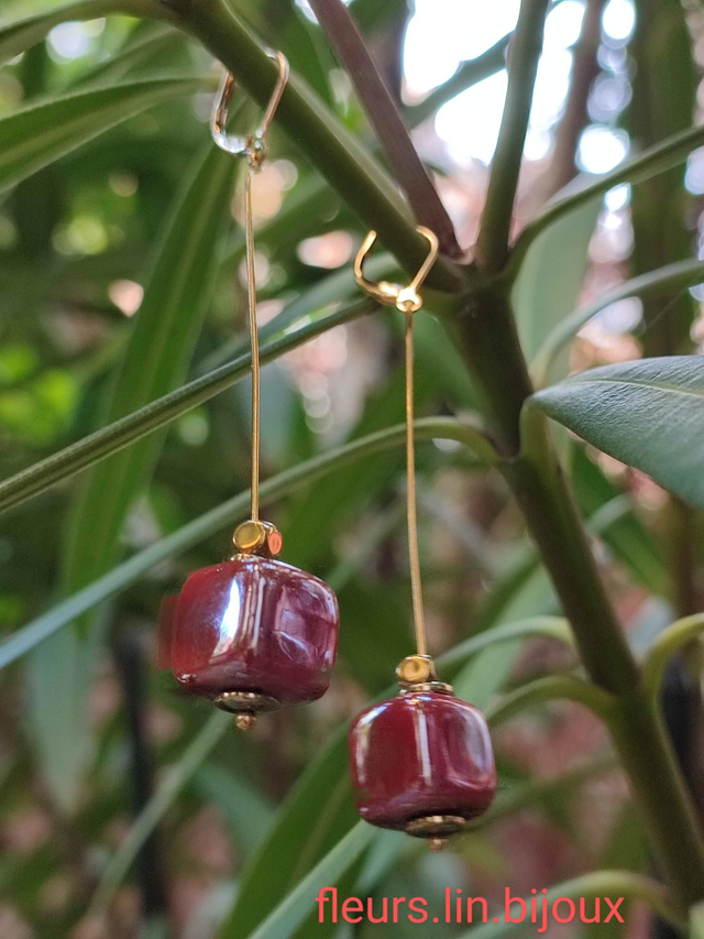 Dormeuses en céramique rouge foncé acier inoxydable doré -sans nickel 