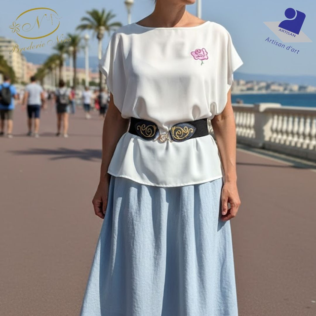 Ceinture Élastique "Arabesque Dorée" – Confort &amp; Broderie d'Art – Bleu Canard