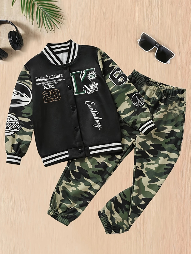 Boys, 2pcs/set Boys Camouflage Letter Print Jacket Baseball Uniform and Casual Pants Suit