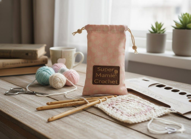 Sachet Couture Main Fête des Mamies – Super Mamie, Crochet et Bâtons à Crocheter en Bois Gravés”
