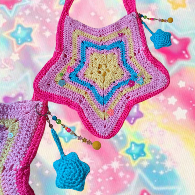 Pink Tamagotchi crochet star bag