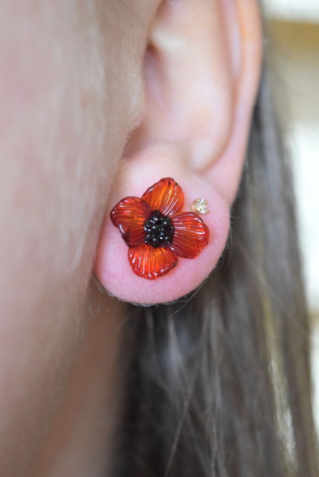 PUCES FLEURS ROUGE TRANSLUCIDE MONTURE INOX GRIS (PF7)