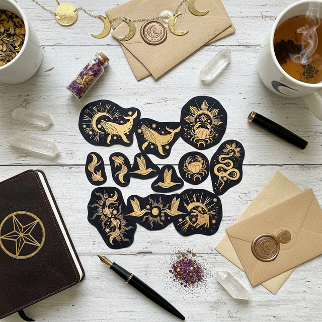 Stickers noirs et dorés animaux célestes - Lot de 12
